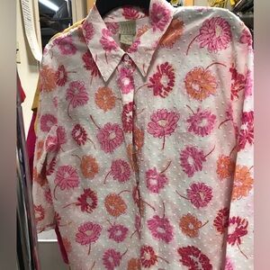 Sigrid Olsen Sport Swiss Dot Floral Button Front Shirt 3/4 Sleeves sz PL